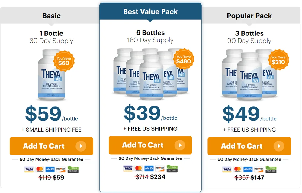 TheyaVue packages 1 bottle 3 bottle and 6 bottle official price options